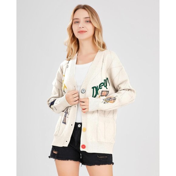 Women's Cable Knit Long Sleeve Open Front Cardigan Sheep V-Neck Button Down Embr - Picture 4 of 4